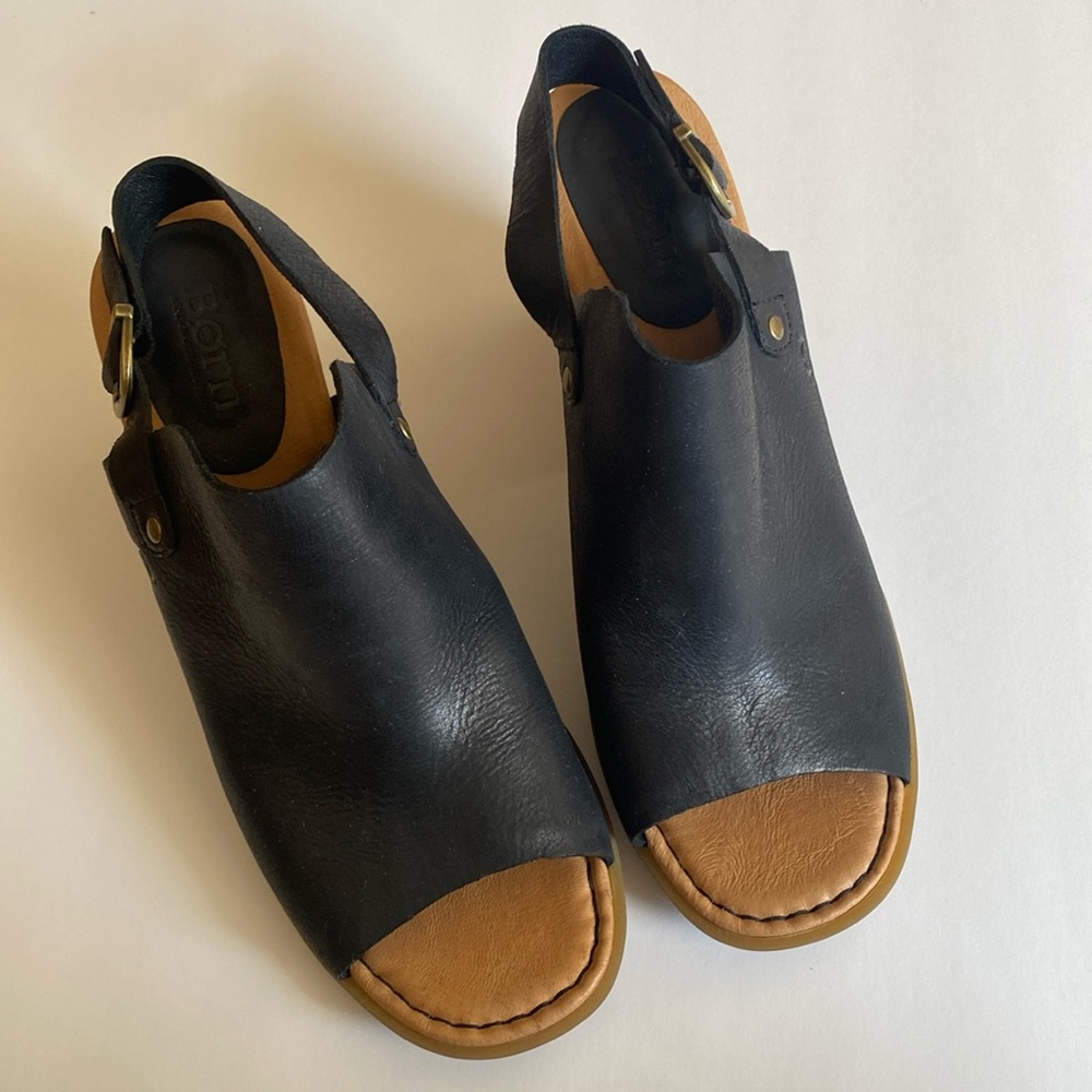 Born Heels Black Leather Peep Toe Block Heel Slingback size 10